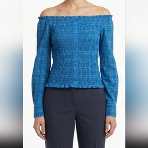 Y2KBlue Smock Blouse with Violet Checks - Off-the-Shoulder Vintage Peasant Style